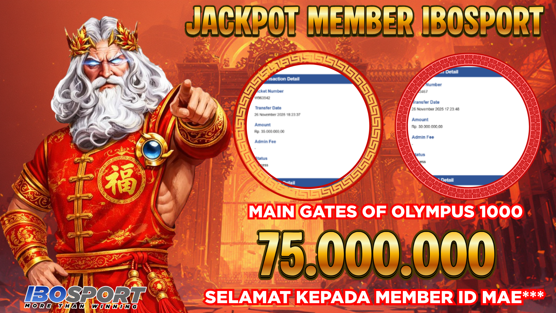 Jackpot Gates Olympus IBOSPORT 75 Juta – Bukti Kemenangan Member ID Mae***
