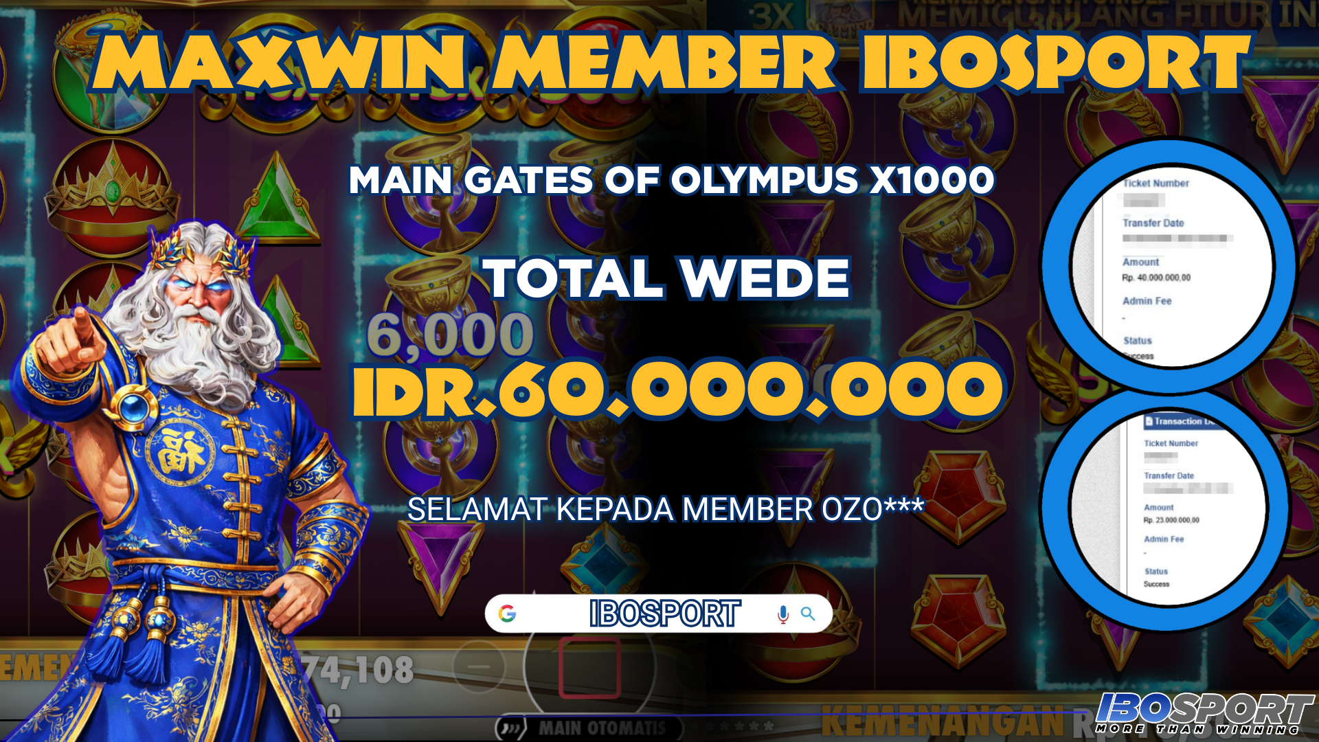 MAXWIN 60 JUTA IBOSPORT! Member OZO*** Raih Kemenangan Fantastis di Gates of Olympus X1000