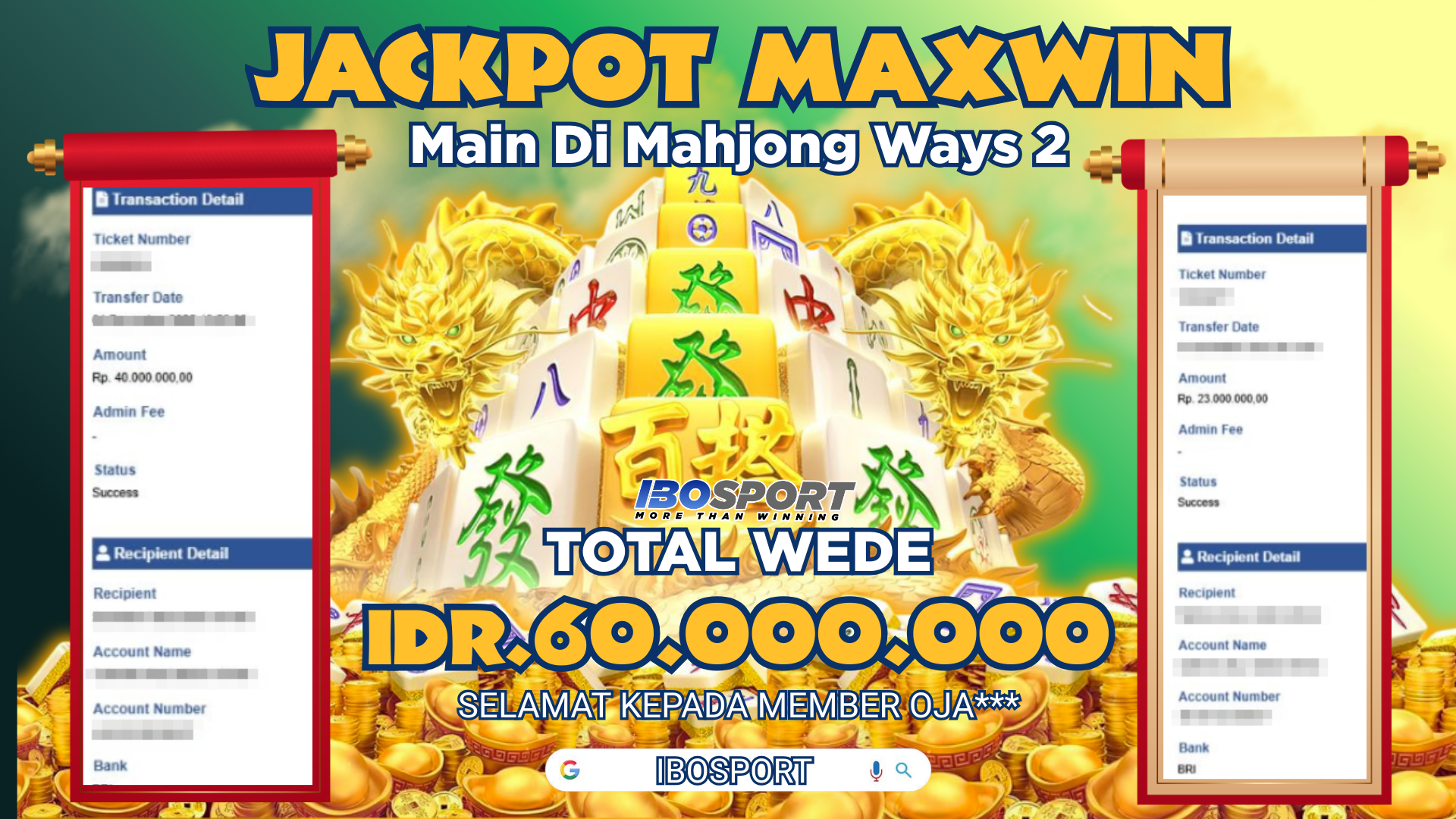 Kemenangan Member IBOSPORT Mahjong Ways 2 Tembus 60 Juta Rupiah Sekali Main