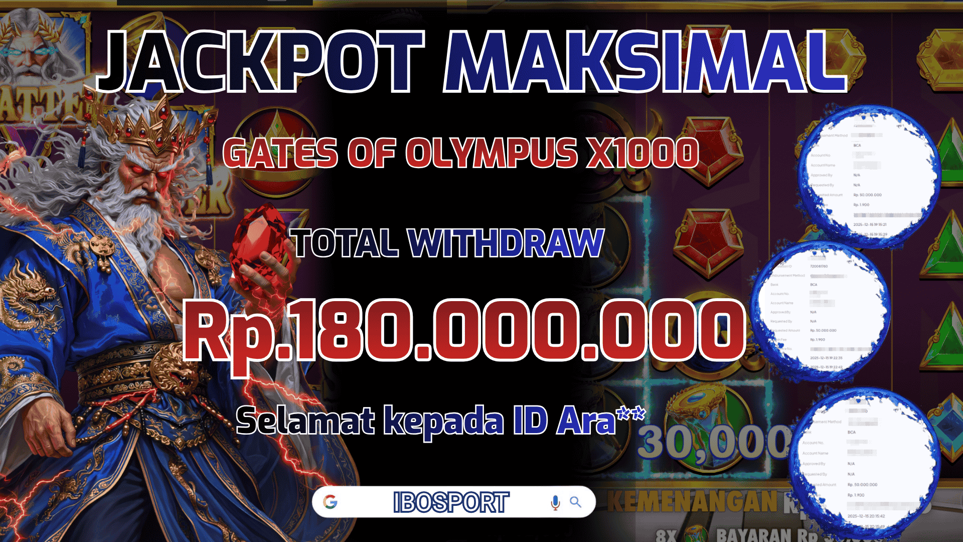 Jackpot Maksimal IBOSPORT Rp180 Juta dari Gates of Olympus X1000