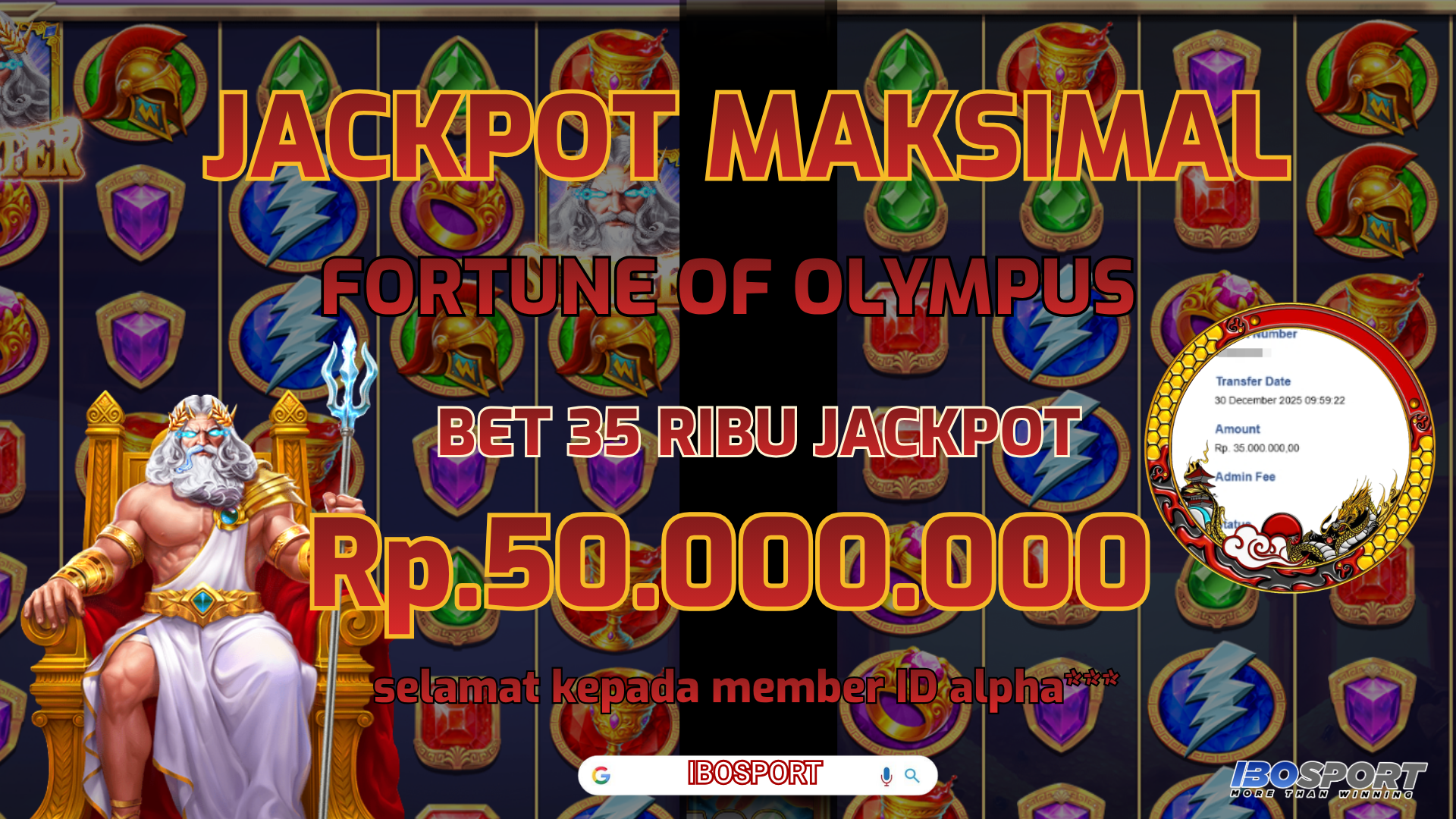 Jackpot Maksimal Fortune Olympus Berhasil Diraih Member IBOSPORT dengan Bet 35 Ribu