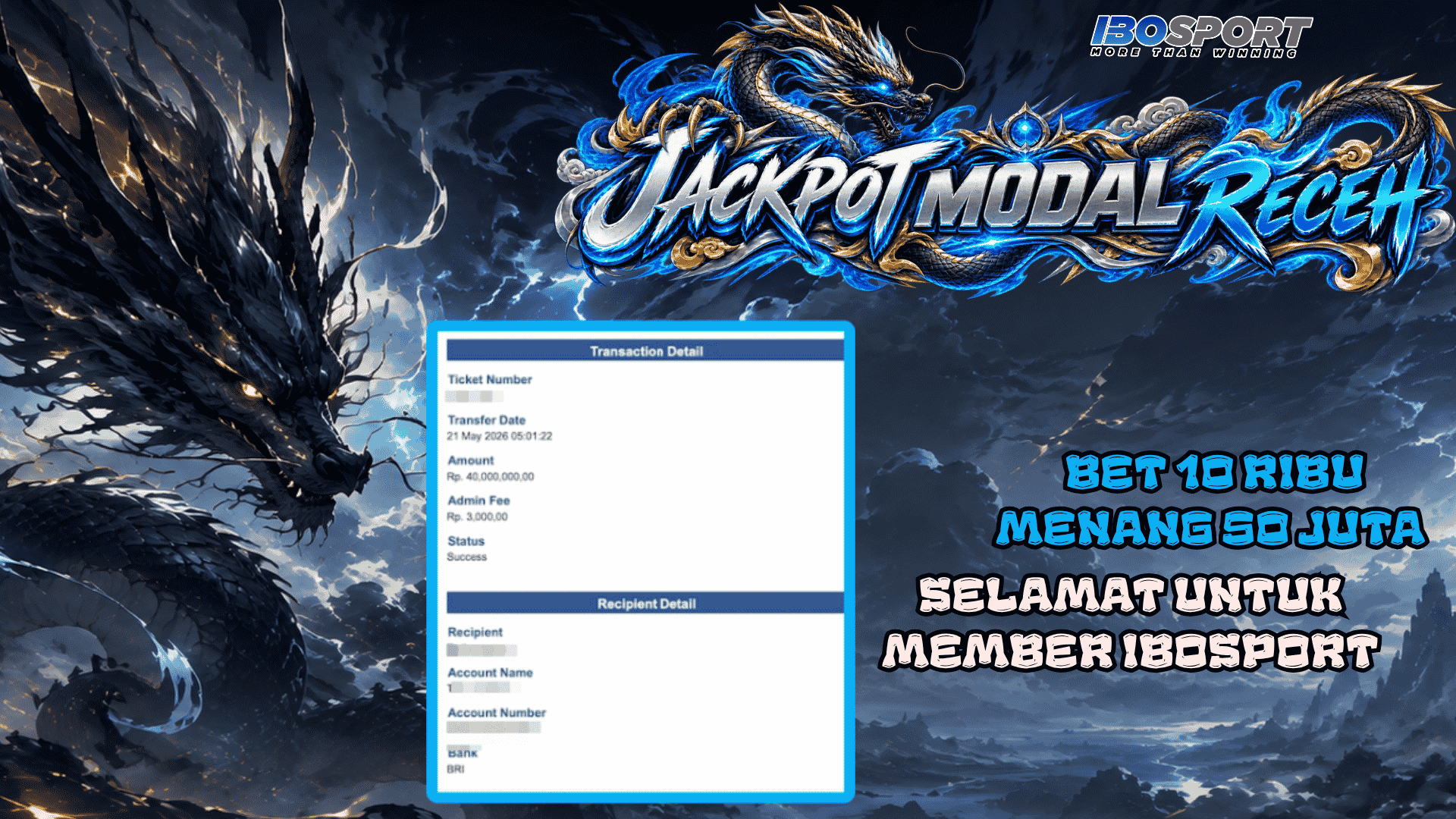 Jackpot Modal Receh IBOSPORT - Bet 10 Ribu Menang Besar